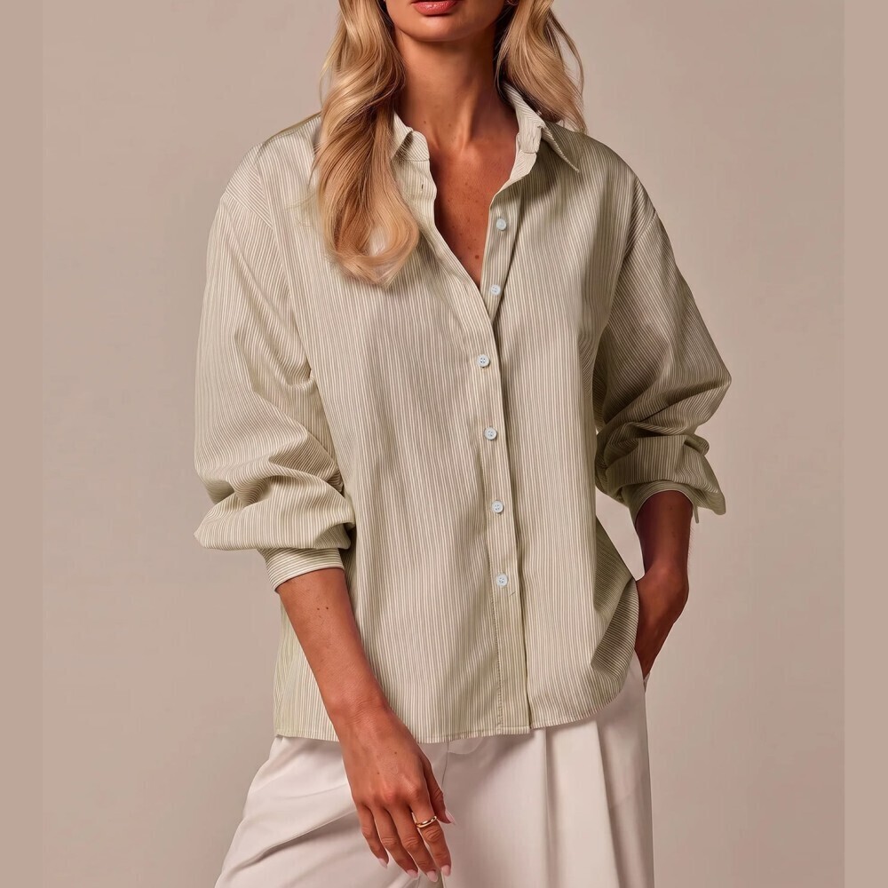 Tan Pinstripe Button Front Shirt Collar Oversized Long Sleeve